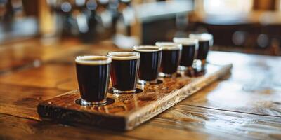 Flight of stout beers in small tasting glasses, lined up on a wooden board, food photography photo