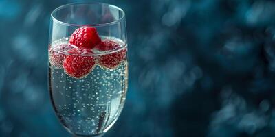 Flute glass with clear liquid and a single raspberry floating on top, food photography photo