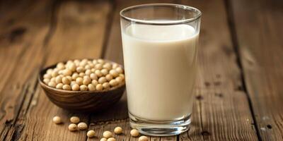 Glass of soy milk placed on a wooden table next to a small bowl of soybeans, culinary photography photo
