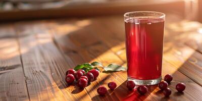 Glass of sugar-free cranberry juice placed on a wooden dining table with no other objects, culinary photography photo