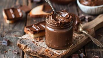Jar of cocoa spread with metal spoon and piece of toast on wooden table, culinary photography photo
