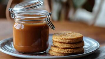 Jar of dulce de leche with lid open next to a stack of plain biscuits on a plate, culinary photography photo
