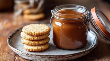 Jar of dulce de leche with lid open next to a stack of plain biscuits on a plate, food photography photo