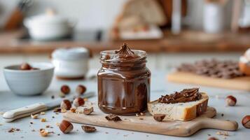 Jar of hazelnut spread with portion spread on toast on cutting board, culinary photography photo