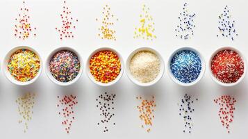Neat row of small bowls containing different types of sprinkles arranged in a line, food photography photo