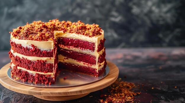 Multi-layered cake with even layers of cake and filling, resting on a round stand, culinary photography photo