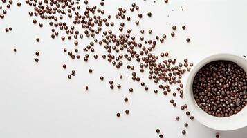 Neat line of nonpareils scattered on a white table, extending from a small dish, culinary photography photo