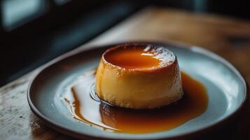 Round flan in caramel sauce on a porcelain plate, culinary photography photo