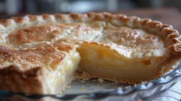 Pie with uniform crust edge, thick filling, and a section cut away, culinary photography photo