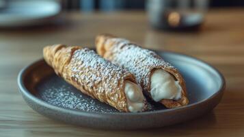 Pair of cannoli placed on a small plate, with filling oozing slightly from the ends, culinary photography photo