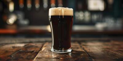 Pint glass of dark stout beer topped with creamy foam, culinary photography photo