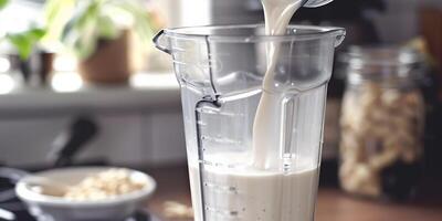 Almond milk being poured into a blender with visible ingredients ready for blending, food photography photo