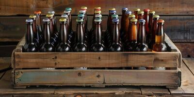 Wooden crate filled with assorted bottles of craft beer, arranged neatly, food photography photo