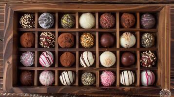 Wooden tray with assorted round truffles, different coatings and garnishes, neatly arranged, culinary photography photo