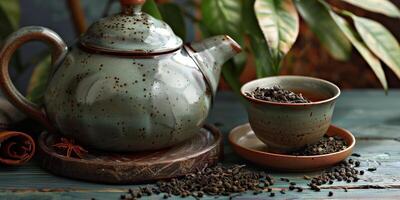 Arrangement of chai tea leaves in a small ceramic dish next to a teapot, food photography photo