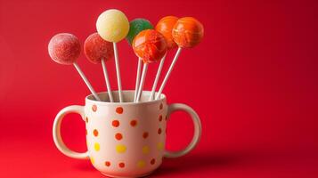 Arrangement of different colored lollipops on sticks in a ceramic mug, culinary photography photo