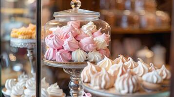 An array of European meringues and almond-based sweets displayed in a glass jar, food photography photo