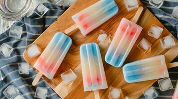 Array of ice pops with clear, layered stripes on a cutting board next to ice cubes, food photography photo