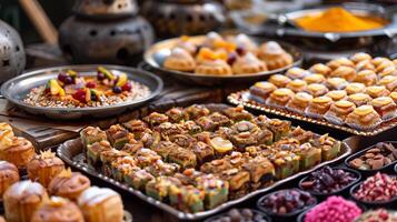 Array of Middle Eastern desserts with dense confections, fruit, and nut fillings, culinary photography photo