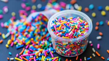 An open container of multicolored sprinkles, surrounded by scattered pieces, on a flat surface, culinary photography photo