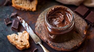 An opened jar of chocolate spread with a metal knife placed next to a piece of bread, food photography photo