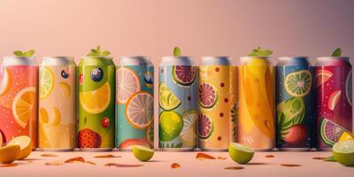 Assorted cans of healthy soda, each featuring different natural flavors and ingredient lists, food photography photo