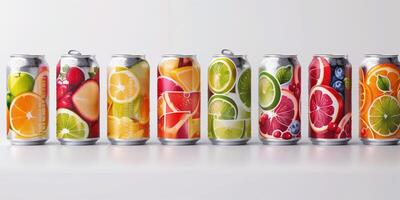 Assorted healthy soda cans showcasing different flavors and nutritional information, arranged in a row, food photography photo
