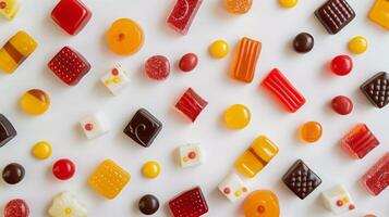Assorted chewy candy pieces arranged in a neat pattern on a white background, showcasing various colors and shapes, culinary photography photo