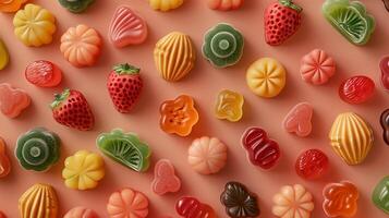 Assortment of fruit chew candies randomly arranged on a solid surface, showcasing different colors and textures, culinary photography photo