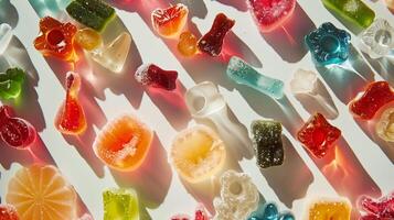 Assorted gummy candies in a loose cluster, displaying vibrant colors and forms, culinary photography photo