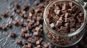 Close-up of a jar filled with chocolate jimmies, with some scattered nearby, gastronomy photography photo