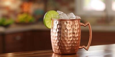 Copper mug filled with ice and non-alcoholic drink, garnished with lime wedges, photorealistic food photo
