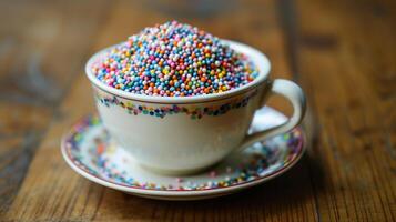 Cup filled with a vibrant array of tiny sprinkles positioned near a matching saucer, photorealistic food photo