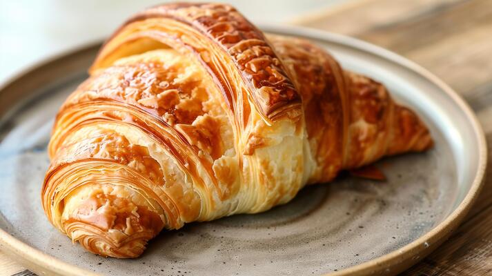 Croissant on a plate with a small pot of jam beside it, photorealistic food
