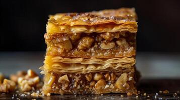 Cross-section view of baklava, showing pastry layers and sweet nut filling, gastronomy photography photo
