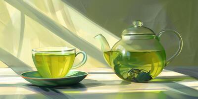 Cup of green tea beside a teapot, both with clear green liquid, photorealistic food photo