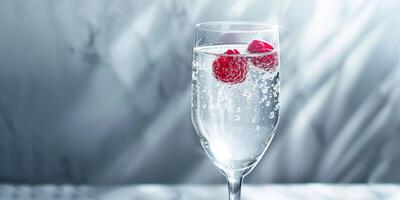 Flute glass with clear liquid and a single raspberry floating on top, photorealistic food photo