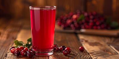 Glass of sugar-free cranberry juice placed on a wooden dining table with no other objects, gastronomy photography photo