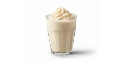 Glass of yogurt drink with a smooth, creamy texture, placed on a white background, gastronomy photography photo