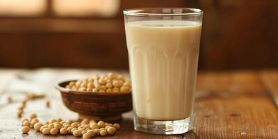 Glass of soy milk placed on a wooden table next to a small bowl of soybeans, gastronomy photography photo