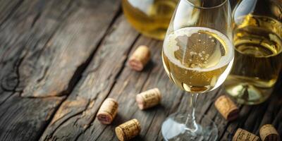 Glass of white wine, with an opened bottle and some corks on a wooden surface, photorealistic food photo