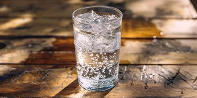 Glass of sparkling water with ice cubes and visible carbonation bubbles, on a wooden surface, gastronomy photography photo