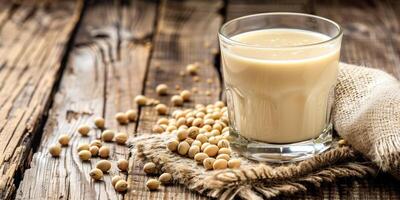 Glass of soy milk with soybeans scattered on rustic wooden surface, photorealistic food photo