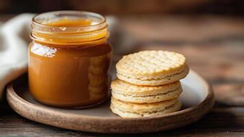 Jar of dulce de leche with lid open next to a stack of plain biscuits on a plate, photorealistic food photo