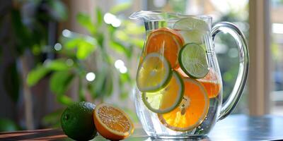 Glass pitcher with water and assorted citrus slices, including orange, lemon, and lime, gastronomy photography photo
