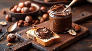 Jar of hazelnut spread with portion spread on toast on cutting board, gastronomy photography photo