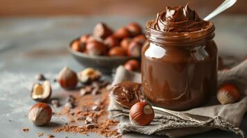 Jar of hazelnut spread on kitchen counter with spoon and napkin beside it, photorealistic food photo