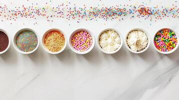 Neat row of small bowls containing different types of sprinkles arranged in a line, gastronomy photography photo