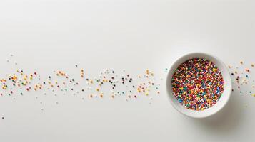 Neat line of nonpareils scattered on a white table, extending from a small dish, photorealistic food photo