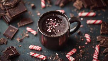 Mug of hot liquid surrounded by crushed peppermint candy and dark chocolate pieces, gastronomy photography photo